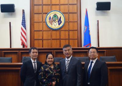 Director General Chia Ping Liu, Deputy Director Shawn Hugh Yang and Vice Consul Gary Huang attended a public hearing, held at the Legislature of Guam, regarding a resolution set to voice support for Taiwan’s bid to join the WHA and, following the event, took a photo with Hon. Vice Speaker Tina Rose Muña Barnes on Mar. 5