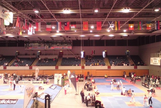 台北縣樹林高中跆拳道代表隊參加比賽現場懸掛我國旗