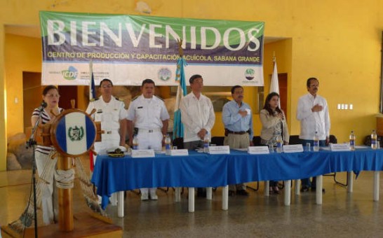 El Comandante de la Base Navaldel Pacifico, Capitpán Juan Estuardo Contreras Aleman, el Vicealmirante Roberto Fernando Campos Sanches, el Embajador de Taiwan Adolfo Sun, el Ministro de Agricultura Julio César Recinos, la Viceministra de Agricultura Dra. Carmen Sandoval y el Coordinador Nacional de Pesca y Acuicultura Dr. Fraterno Díaz