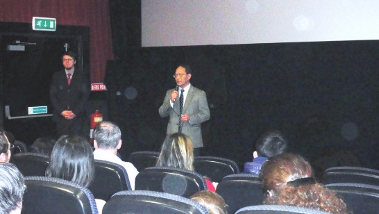 Representative Tseng delivers a few remarks before the screening 