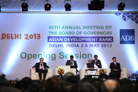 Mr. Takehiko Nakao(1st right), President of ADB and Dr. Manmohan Singh(2nd right in the front row), Prime Minister of India, spoke in the 46th Annual Meeting of Asian Development Bank on April 4, 2013. They both believe Asia takes a critical role in the global economy.