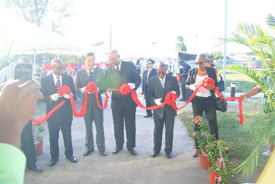 克國總理道格拉斯(右2)、駐館曹大使立傑(右4)、副總理兼能源部長Asim Martin(右5)等參加開幕剪綵。