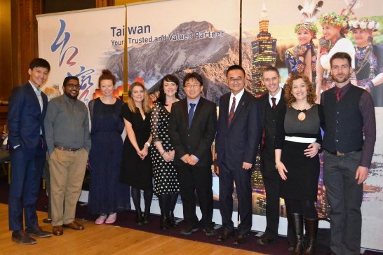 "V-Day" actors and film team members take group picture with their Taiwanese director Lucas Kao and Direcotr General Marc Su of the Taipei Representative Office in the UK Edinburgh Office