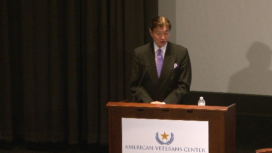 Representative Lyushun Shen delivers a speech at the American Veterans Center’s annual conference on Nov. 7, 2014, as a guest of honor to an audience of 350 veterans and military academy cadets on the important role that the Republic of China and its people played in the Doolittle Raid during WWII