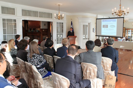Representative Lyushun Shen gave the welcome remarks to participants of Taiwan FORMOSAT-3 /COSMIC Satellite Seminar at the Twin Oaks Estate on December 12, 2014.  Attendees included Counselors and officers for Science and Technology from France, German, Italy, Netherland, Russian, European Space Agency, Japan, and Thailand, and officials of the US Federal agencies.