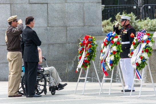 Representative Shen joins the representatives of the Pacific Theater allies from Canada, France, India, Mexico, the Netherlands, Philippines, Russia, and United Kingdom, along with U.S. veterans, to present wreaths at the National WWII Memorial.
