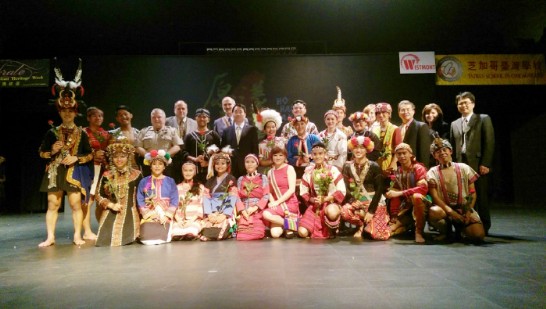 Director General Calvin Ho (2nd Row Center) and Mayor Ron Gunter of Westmont (Back Row, 2nd from Left) pose with other dignitaries and the Dong Hwa University College of Indigenous Studies Dance Troupe following the performance at Westmont High School on the evening of May 6, 2015.