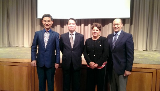 Director General Ho with TYA Delegation Leader Ambassador Wen-Shang Chu, Dr. Patricia Maza-Pittsford, Consul-General of El Salvador and SGI-USA Chicago Zone Leader Mr. Ethan Gelbaum after Youth Ambassadors’ performance