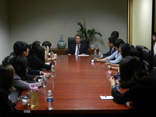 Students enjoy a discussion with Director General Liao in the conference room