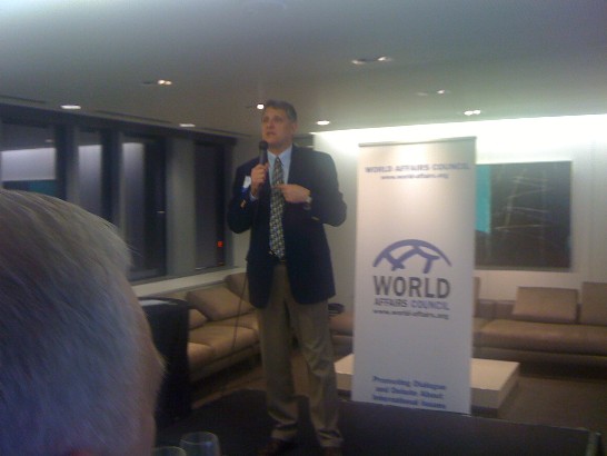  World Affairs Council President Ian Moncaster delivers his report before the audience
