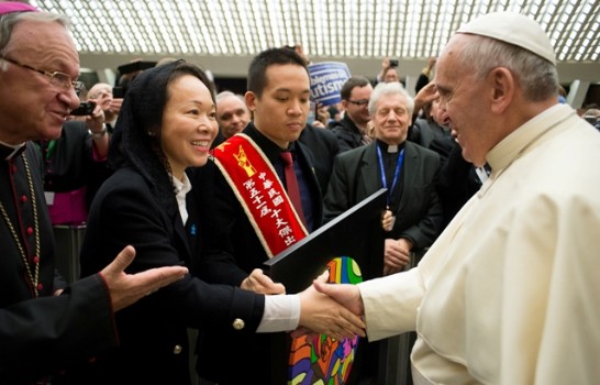 Archbishop Zimowski (1st from left) introduces both Karen (2nd from left) and her son Leland (3rd from left) to Pope Francis (1st from right).