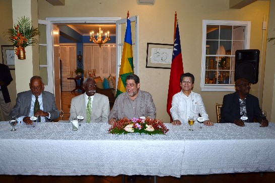 Former Prme Minister Sir James Mitchell, Governor General H.E. Sir Frederick Ballantyne, Dr. the Hon. Prime Minister Ralph E. Gonsalves, H.E. Ambassador Weber V.B. Shih and Leader of the Opposition Hon. Arhim Eustace (From the left)