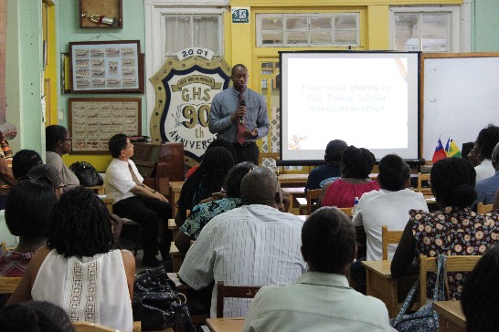 Presentation of 2016 Taiwan Scholarship Programmes (Session 7) was held at St. Vincent Girls' High School on February 24, 2016. Jamali Jack, Gordon Shallow and Odelia Thomas from the SVG Taiwan Scholar Alumni Association attended to share their experiences in Taiwan.