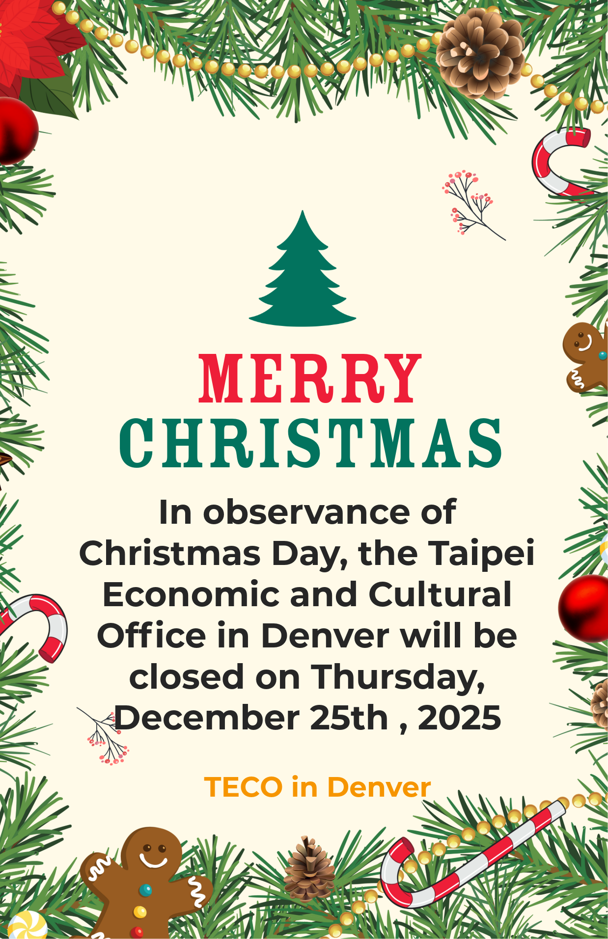 公告】本處聖誕節放假一日- 駐丹佛台北經濟文化辦事處Taipei Economic and Cultural Office in Denver