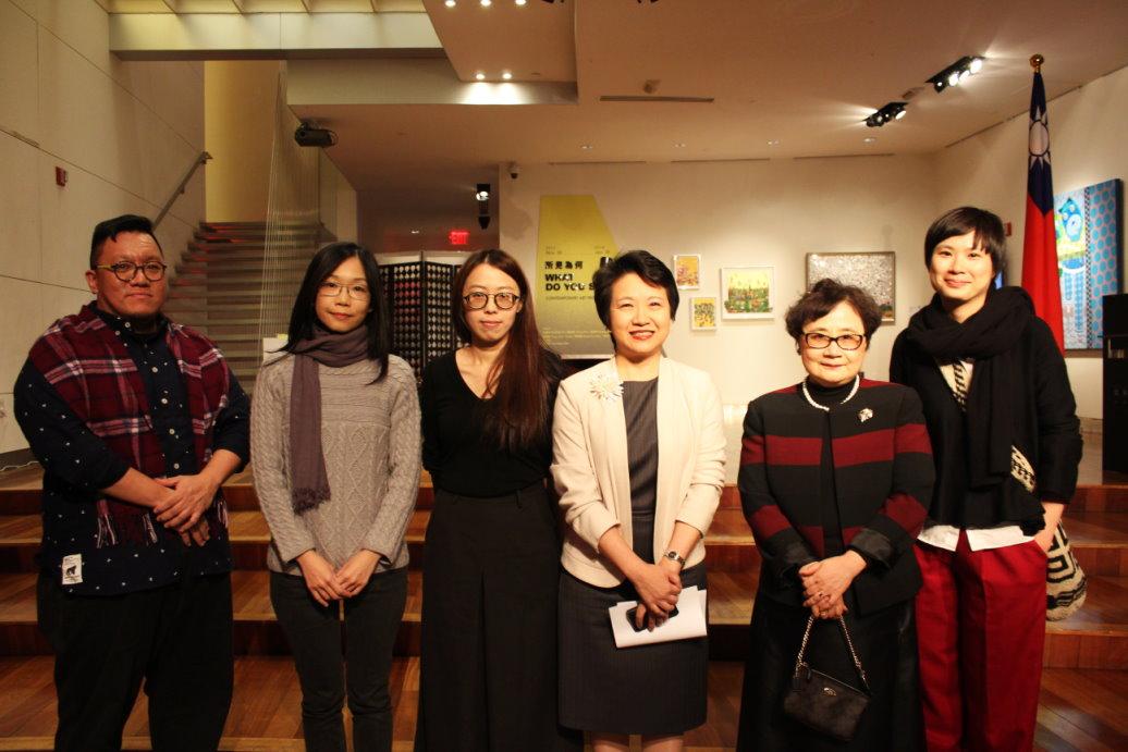 Ambassador Lily Hsu (third from right), Director Susan Yu of Taipei Cultural Center (second from right), Artist I-Ting Hou (right), Curator Yan-Huei Chen (third from left), Artists Yu-An Liao (left) and Pei-Shih Tu