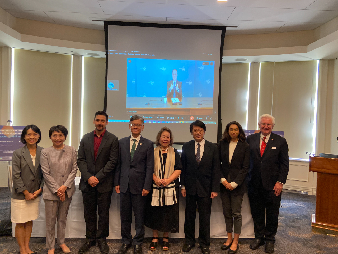 Hosted by Taipei Economic and Cultural Office in New York on the sidelines of the 77th session of the UN General Assembly, featuring discussions on Taiwan's second Voluntary National Review (VNR) and inclusive partnerships for achieving SDGs.

From left to right: Taiwanese legislators Wanyu Wang, Fan Yun; Dr. Yanis Ben Amor, Executive Director, Center for Sustainable Development at the Earth Institute, Columbia University; Amb. James K.J. Lee, Director-General of TECONY; Amb. Amatlain Elizabeth Kabua, Permanent Representative of the Republic of the Marshall Islands to the UN; Mr. Tsai Hung-Teh, Deputy Minister of Taiwan's Environmental Protection Administration; Amb. Ilana Seid, Permanent Representative of the Republic of Palau to the UN; Amb. Beresford-Hill, Permanent Observer of the Sovereign Order of Malta's Mission at the UN. In the back attending virtually: Shyy Lih-jiun, Deputy Secretary-General for TaiwanICDF)