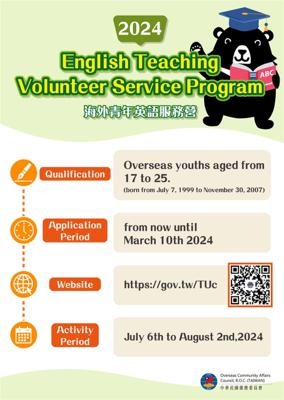 【Overseas Taiwanese Information】OCAC 2024 English Teaching Volunteer Service Program for Overseas Youth