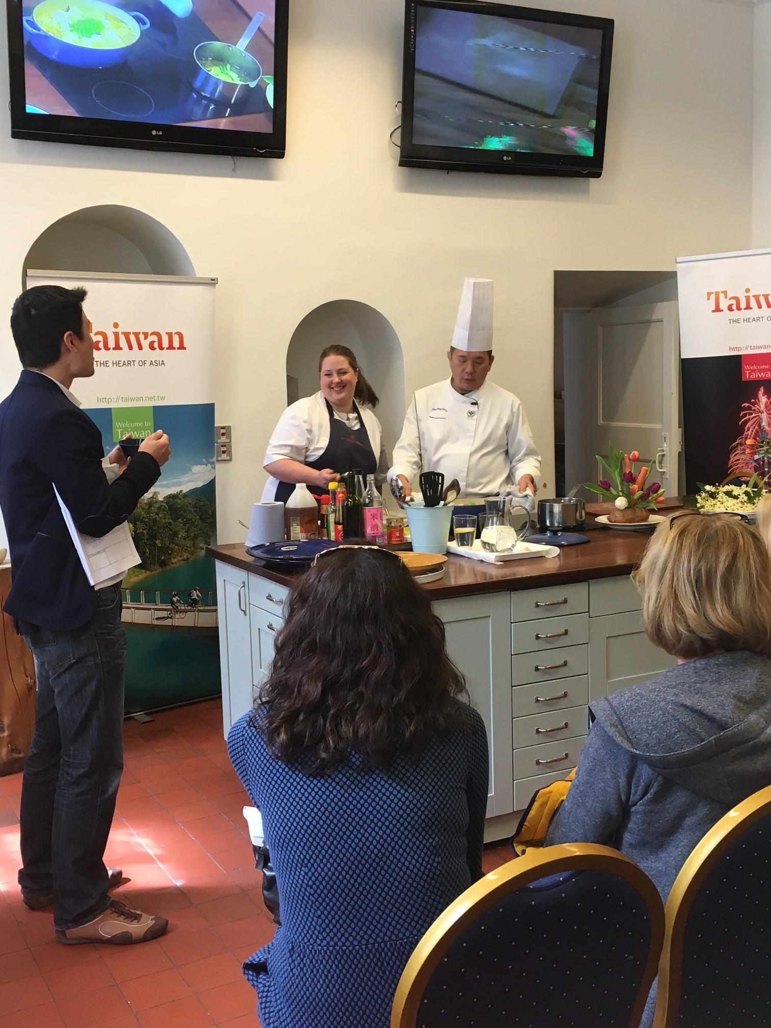 Taiwan-Ireland Association Chairman Mr. Frank Lu translating for the audience during the demonstration at Howth Castle Cookery School