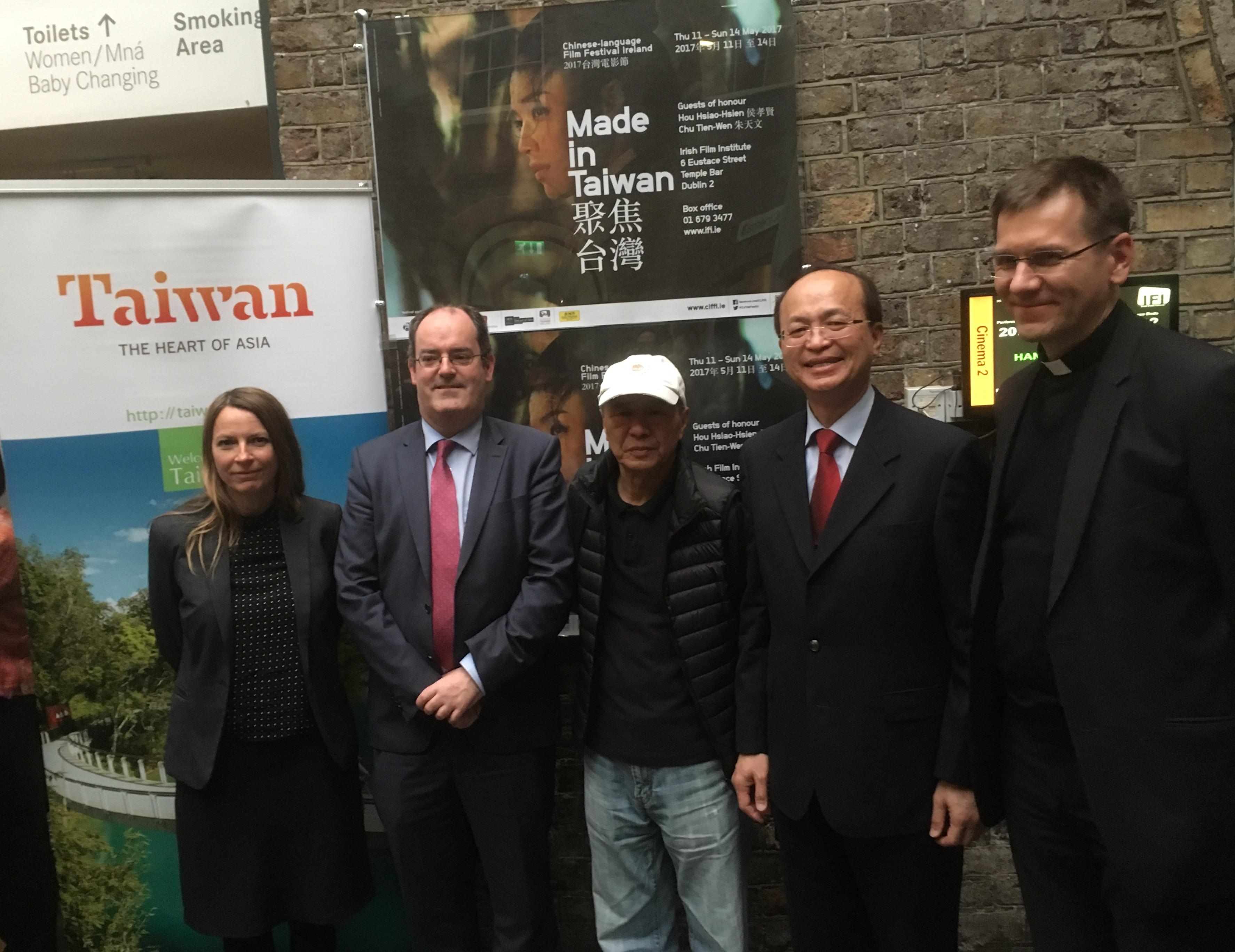 Representative Tu with world-renowned Taiwanese Director Mr. Hou Hsiao-hsien (centre), Senator Gerry Horkan (second from left), Ms. Marie-Pierre Richard of the IFI (left) and Monsignor Piotr Tarnawski of the Apostolic Nunciature (right).