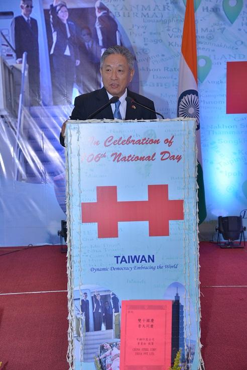 田大使致詞說明新南向政策「五大旗艦計畫」及「三大潛力領域」，強調臺灣將繼續與印度在各方面合作，協助達致聯合國永續發展目標(SDG)，深化雙邊關係。