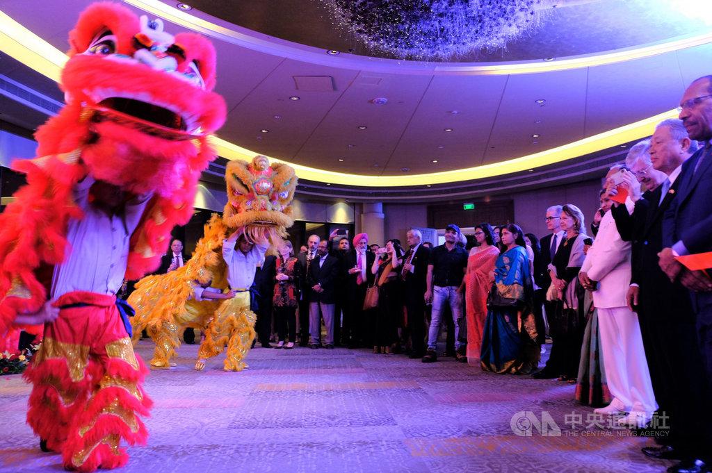 A group of Indian sramaneras from Fo Guang Shan Educational and Cultural Center in Delhi performs lion dancing in front of the guests.