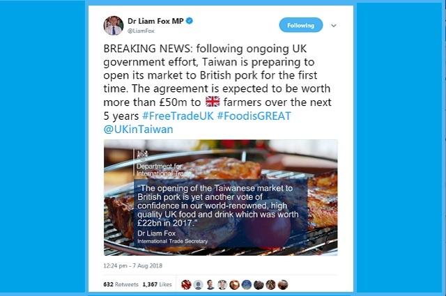 Taiwan and UK set to strike deal on pork imports