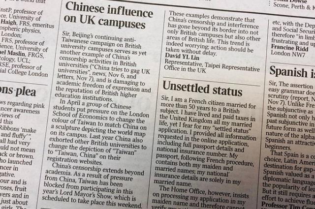 Representative Lin warns of Chinese influence on UK campuses in The Times