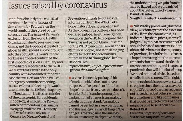 Representative Lin calls for Taiwan’s WHO inclusion amid coronavirus outbreak in letter to The Guardian