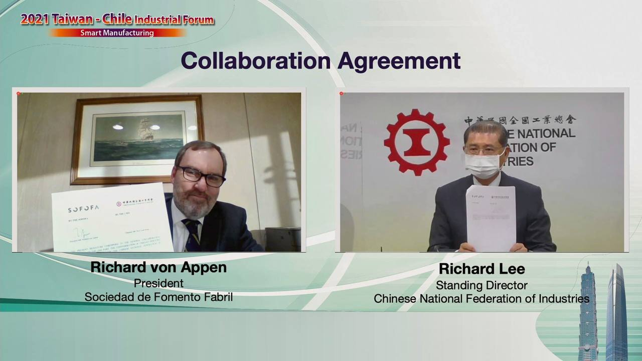 Con motivo de expandir y profundizar la cooperación en el área industrial, la Oficina Económica y Cultural de Taipéi en Chile, en colaboración con la Sociedad de Fomento Fabril de Chile (SOFOFA) y la Federación Nacional de Industria de Taiwán,  firmaron un convenio de cooperación bilateral durante el 1er Foro de Desarrollo Industrial en línea el 30 de julio del presente año.  Antes del Foro las dos cámaras firmaron el 1er Convenio de Cooperación Industrial, abriendo una nueva página para la colaboración empresarial entre Chile y Taiwán.