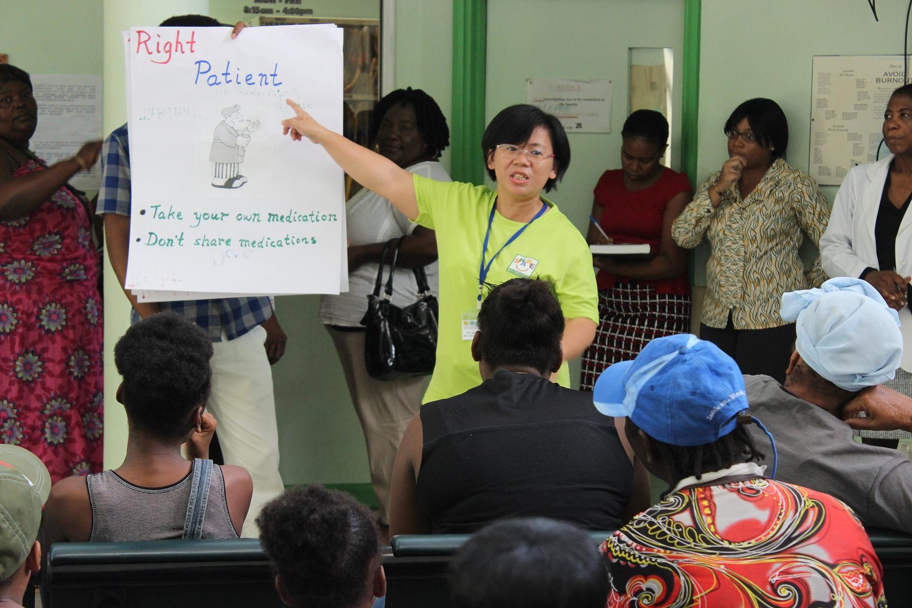 CCH Chief Pharmacist Sock-ping Ng introduced the medication administration (5 Rights) to the Vincentian patients. (July 17, 2017 at the Pharmacy)