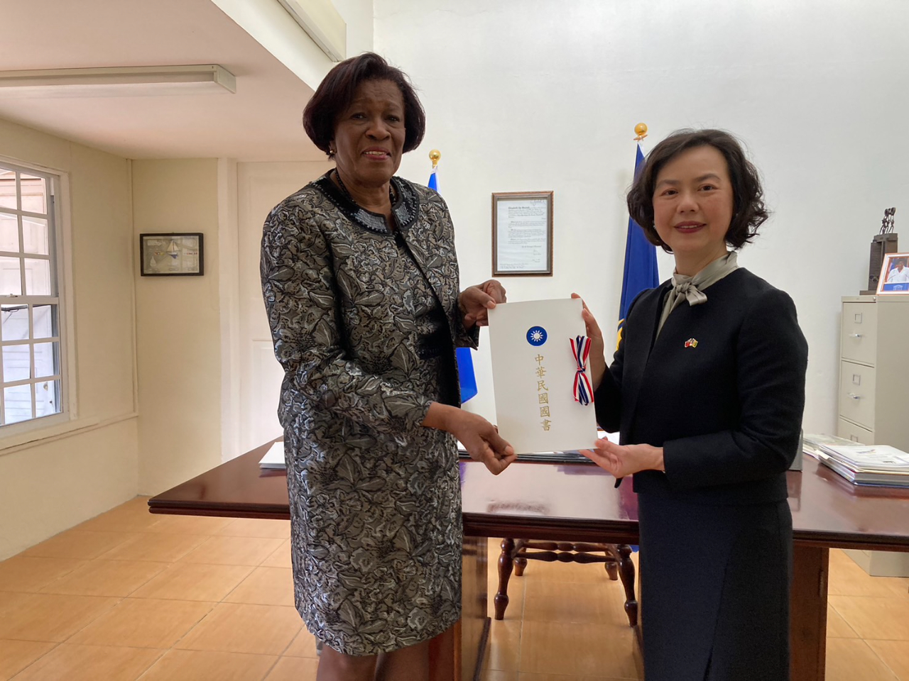 Ambassador Fiona FAN ??presents credentials to the Governor General of ??, H.E. Dame Susan Dougan GCMG, OBE as the Republic of China (Taiwan) continues to work on infrastructure, education, cultural and agriculture projects etc. in SVG on 26th July, 2023.