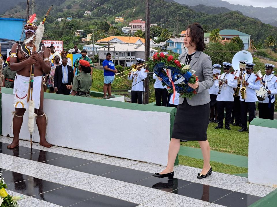 H.E. Ambassador Fiona Huei-chun Fan invited to attend the Wreath Laying Ceremony for Paramount Chief Joseph Chatoyer in the morning of National Heroes Day, and visited the Greiggs Heritage Festival in the afternoon, on March 14 2024.