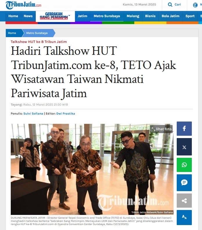 Director General TETO Surabaya Isaac Chiu menghadiri acara Talkshow UMKM dan Pariwisata yang diselenggarakan oleh Tribun serta menerima wawancara.