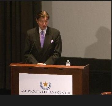 Representative Lyushun Shen of the Republic of China (Taiwan) delivers opening remarks at the American Veterans Center’s annual conference on November 7, 2014. He was a guest of honor before an audience of 350 veterans and military academy cadets to speak about the important role the Republic of China and its people played in the Doolittle Raid during WWII.