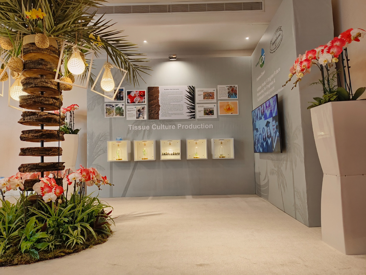 以棗椰樹懸掛珍珠意象的吊燈，綻開巴林國旗的蘭花，來傳達美麗珍珠之所以能在巴林散發溫軟潤澤光輝，支撐人民食、衣、住、行的棗椰實則功不可沒。