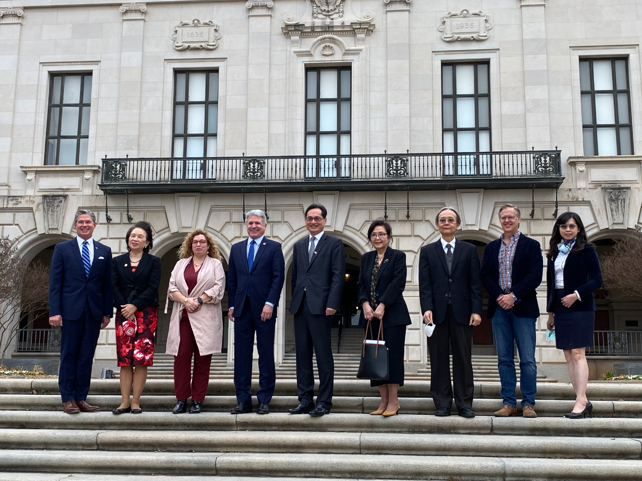 From left to right are U.S. Senator Ted Cruz’s State Director Carl B. Mica, Texas State Representative Angie Chen Button , Senior Vice Provost for Global Engagement and Chief International Officer of the University of Texas at Austin Dr. Sonia Feigenbaum, Congressman Michael T. McCaul, Director-General Robert Fu-wen Lo of the Taipei Economic and Cultural Office (TECO) in Houston, Professor Sung-sheng Yvonne Chang of the Department of Asian Studies, Professor Tse-Min Lin of the Department of Government, Associate Dean &amp; Rapoport Centennial Professor Robert Crosnoe of UT’s College of Liberal Arts, and Education Director Andrea Yang of TECO in Houston. 