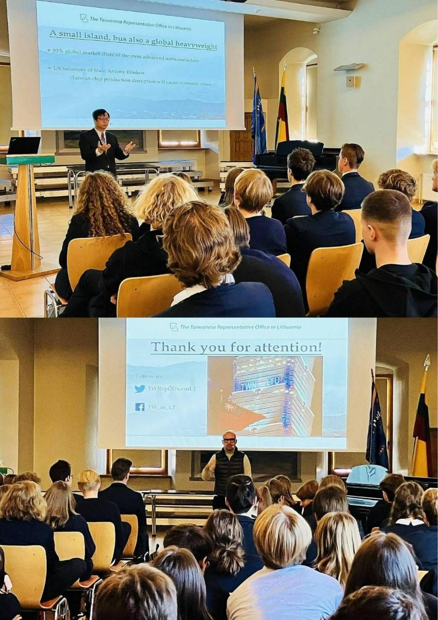 Representative Eric Huang together with Mr. Matas Maldeikis, Head of Parliamentary Group for Relations with Taiwan, had a great honor to give a presentation about Taiwan at Vilnius Jesuit High School