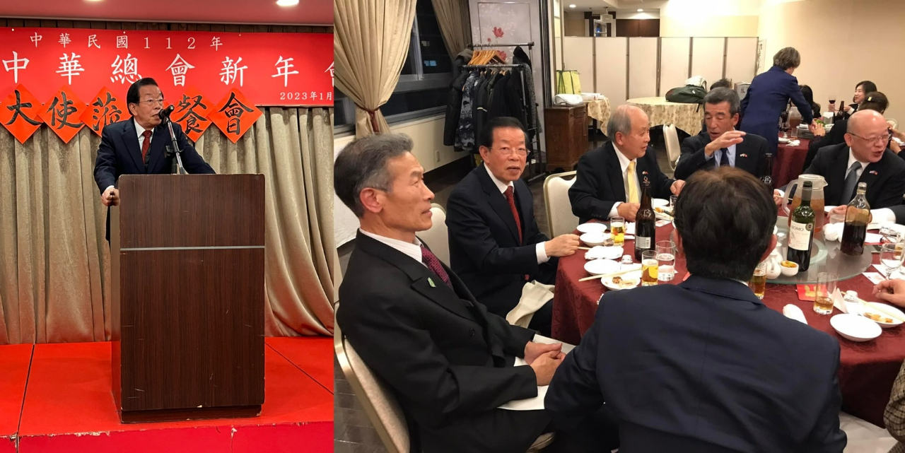 挨拶する謝長廷・駐日代表と華僑リーダーらと交流を行う様子