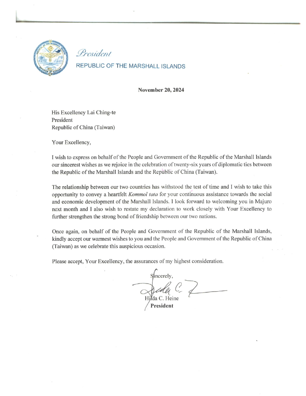 海妮總統函賀台馬建交26週年- 駐馬紹爾群島共和國大使館Embassy of the Republic of China (Taiwan),  Majuro, Republic of the Marshall Islands