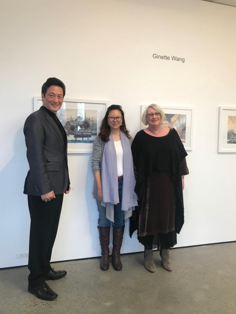 Group photo of Director of TECO in Auckland, Dr.Chung-Hsing CHOU (left),Manager of Northart Gallery,Ms. Wendy Harsant(right) and the artist Ms.Ginette WANG (middle).