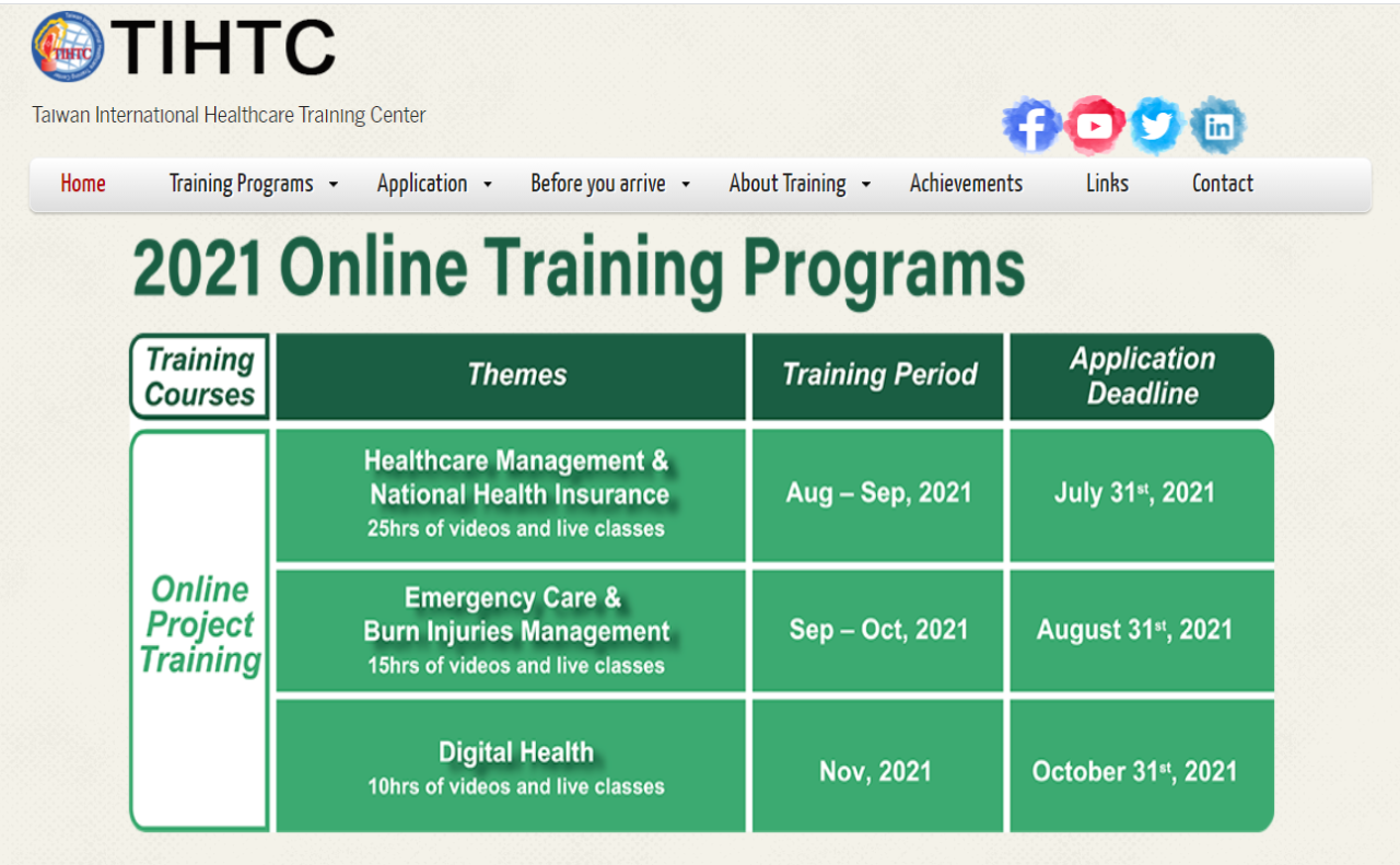 Taiwan International Healthcare Training Center (TIHTC) 2021 Training Program are open!