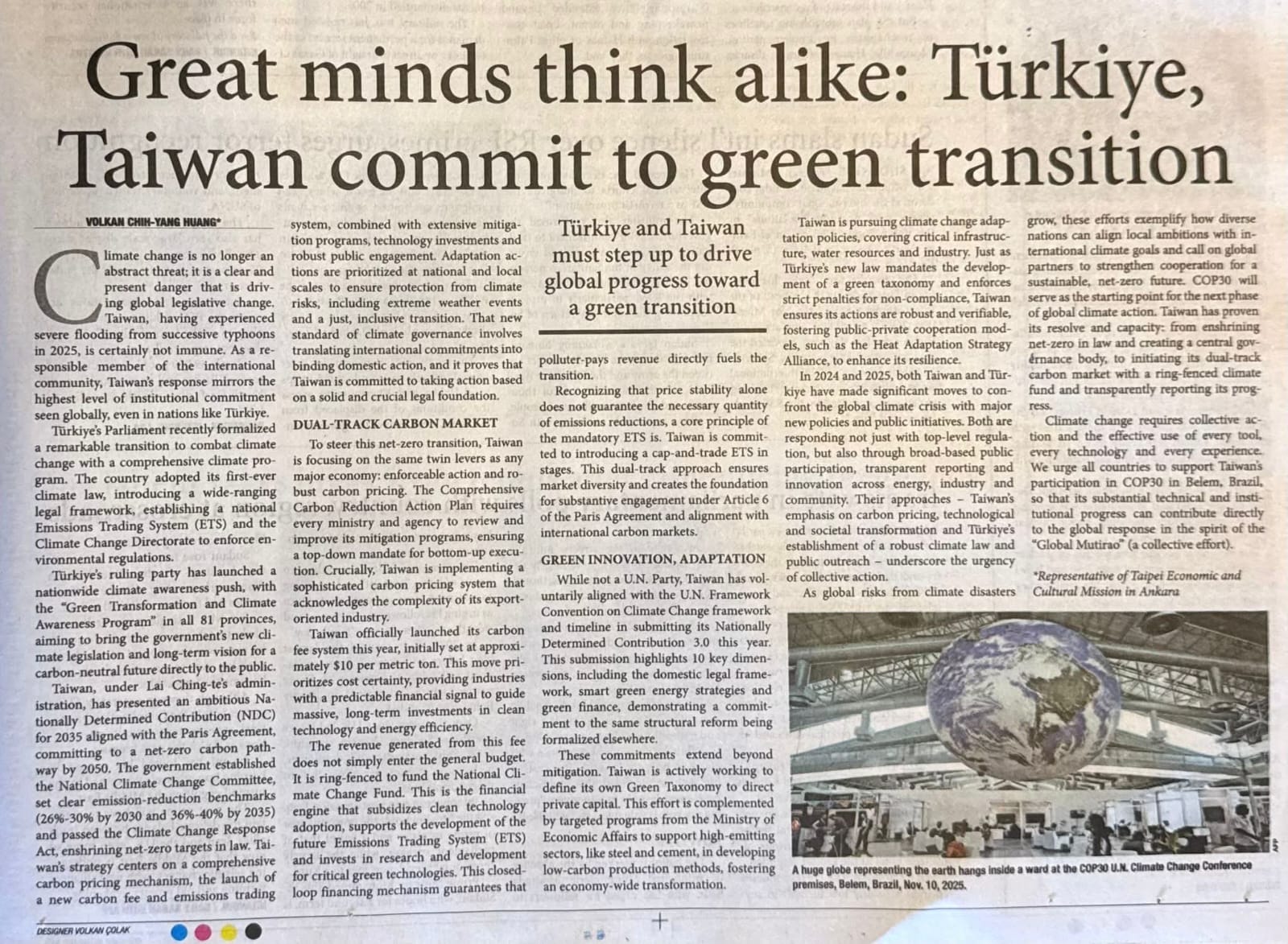 土耳其主流英文報《每日晨報》（Daily Sabah）刊登本處黃志揚代表以〈英雄所見略同—台... - 駐安卡拉台北經濟文化代表團Taipei  Economic and Cultural Mission in