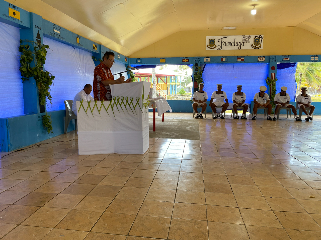 Ambassador Andrew Lin is happy to attend the passing out ceremony of Course 111 of Tuvalu Maritime Training Institute (TMTI) in Amatuku, with CEO of Ministry of Education, Dr. Tufoua Panapa and general manager of TOSU, Mr. Tusaga Iosefa.
