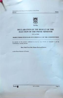 Tuvalu Government Declaration the Result of 2024 Election of New Prime Minister